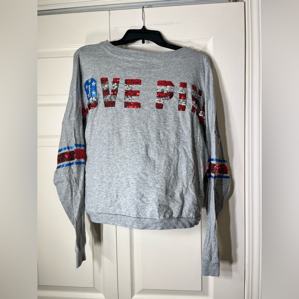 Victoria's Secret Pink Love Pink Red Sequin Blue Stars Stripes Long Sleeve Top